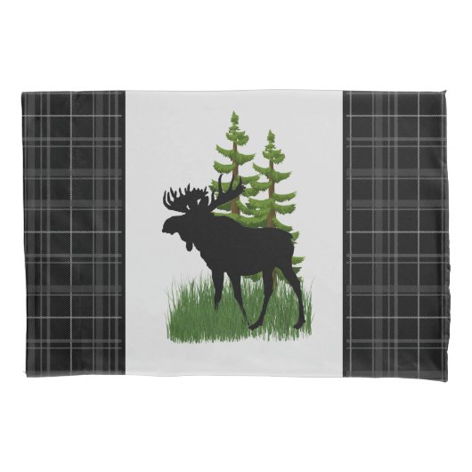 Rustikale Kabine Stil Schwarz Karierte Elche Silho Kissenbezug (Vorderseite)