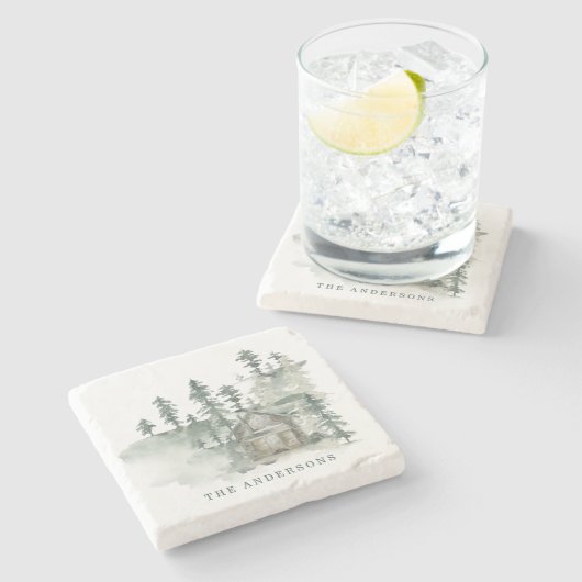 Rustikale Kabine Wasserfarbenwald Name der grünen Steinuntersetzer (Seitenansicht)