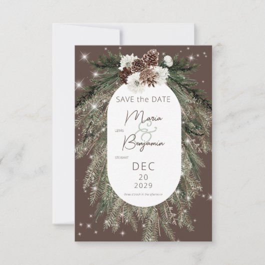 Rustikale Kakao Pine Winter Sparkle Hochzeit Save The Date (Vorderseite)