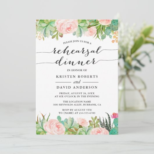 Rustikale Kaktus Hochzeitessen Probe Abendessen Einladung (Stehend Vorderseite)