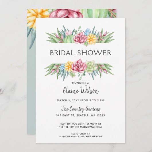 Rustikale Kaktus Rose Blumenkohl Brautparty Einladung (Vorne/Hinten)