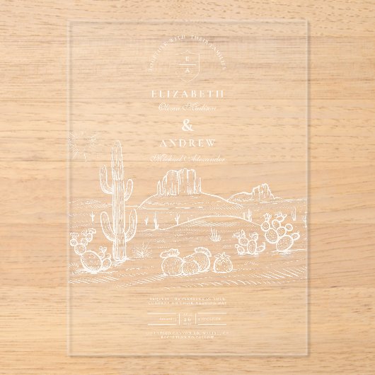 Rustikale Kaktus Wüstenlandschaft Hochzeit Acryleinladungen (Vorderseite)