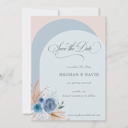 Rustikale Kalligrafie Boho Dusty Blue Pampas Save The Date (Vorderseite)