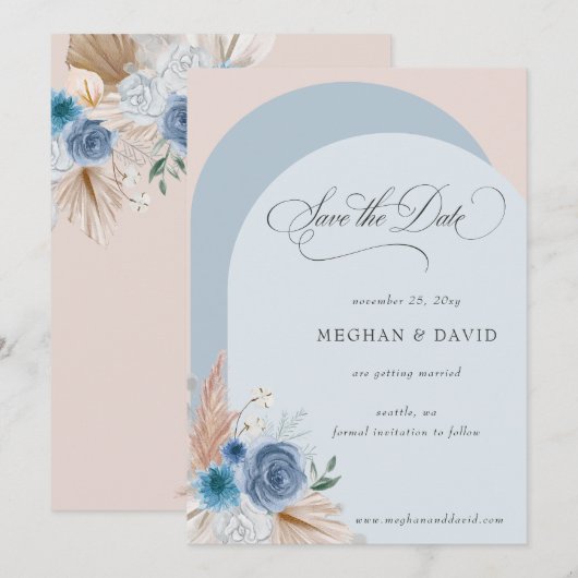 Rustikale Kalligrafie Boho Dusty Blue Pampas Save The Date (Vorne/Hinten)