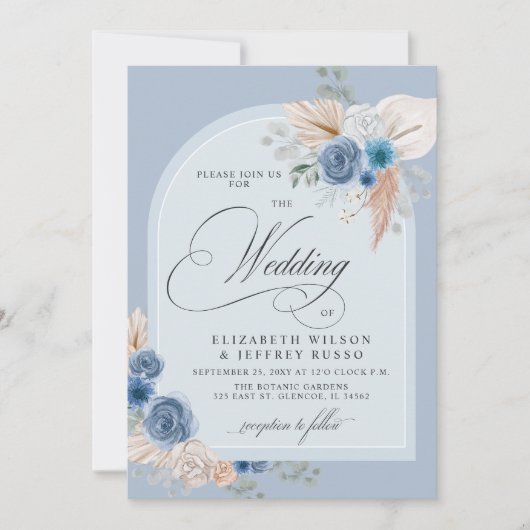 Rustikale Kalligrafie Boho Dusty Blue Pampas Weddi Einladung (Vorderseite)