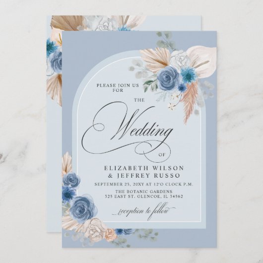 Rustikale Kalligrafie Boho Dusty Blue Pampas Weddi Einladung (Vorne/Hinten)