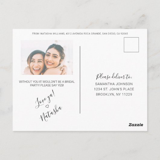 Rustikale Kalligrafie Foto Bridesmaid Vorschlag Postkarte (Rückseite)