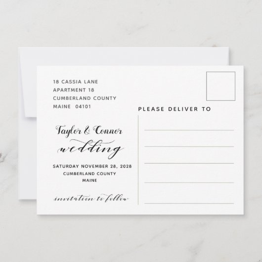 Rustikale Kalligrafie-Hochzeit speichert das Datum Einladung (Rückseite)