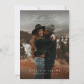 Rustikale Kalligrafie-Schrift-QR-Code-Hochzeitsfot Save The Date (Vorderseite)