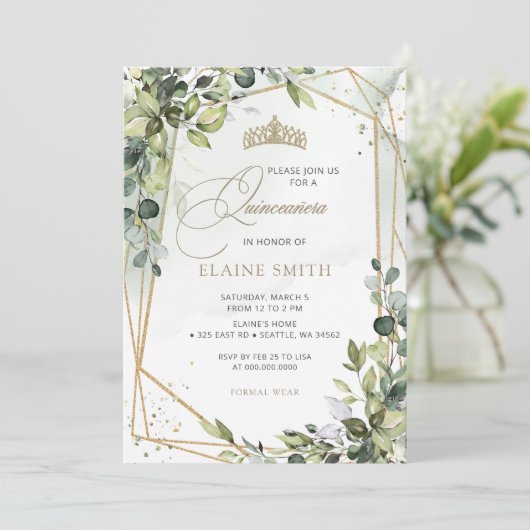 Rustikale Kalligraphie Grüne Eukalyptus Quinceaner Einladung (Stehend Vorderseite)