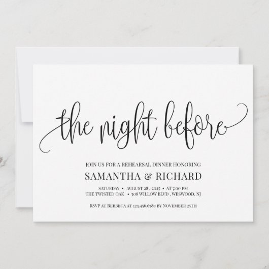 Rustikale Kalligraphie in der Nacht vor der Probe Einladung (Vorderseite)