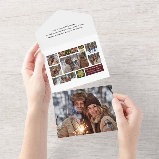 Rustikale Kariert & Gold Schneeflocken Multi-Foto All In One Einladung (Abreißen)