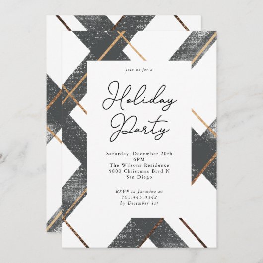 Rustikale Kariert Grau- und Goldfeier Einladung (Vorne/Hinten)