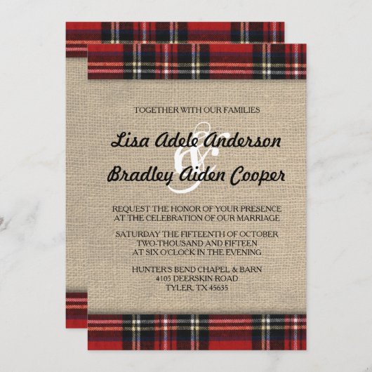 Rustikale Karierte Burlap Country Hochzeit Einladu Einladung (Vorne/Hinten)