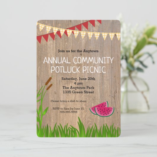 Rustikale Karierte Community Potluck Picnic Einlad Einladung (Stehend Vorderseite)