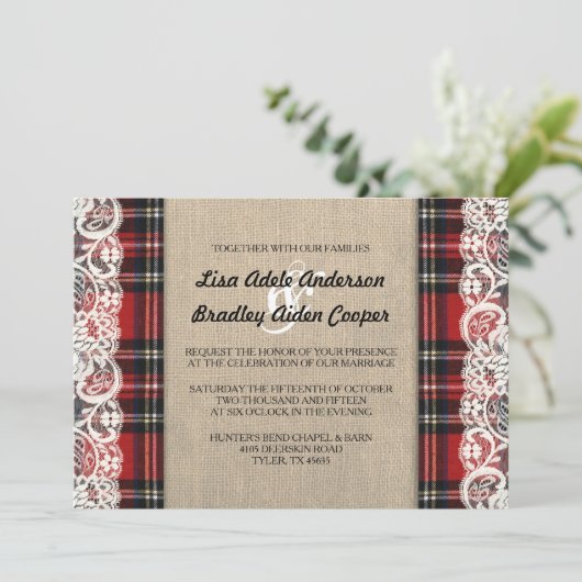 Rustikale Karierte Hochzeitsreise Einladung (Stehend Vorderseite)