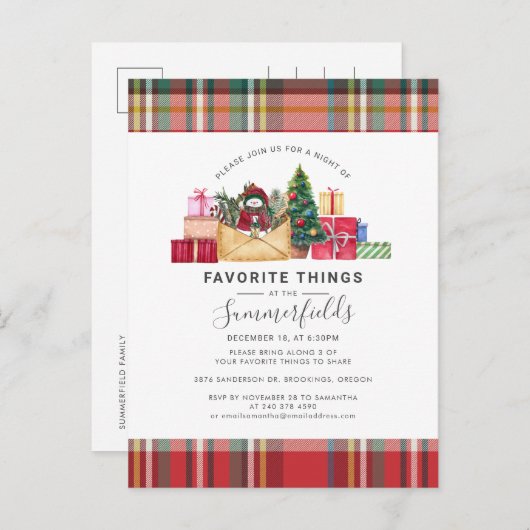 Rustikale Karierte Lieblings-Dinge Weihnachtsfeier Einladungspostkarte (Vorne/Hinten)