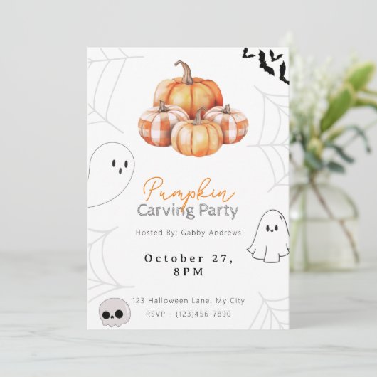 Rustikale Karierte Pumpkins Hübsches Pumpkin Carvi Einladung (Stehend Vorderseite)