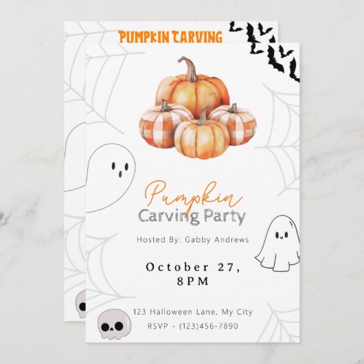 Rustikale Karierte Pumpkins Hübsches Pumpkin Carvi Einladung (Vorne/Hinten)