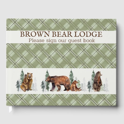 Rustikale Karierte Watercolor Waldbärenkabine Gästebuch (Vorderseite)