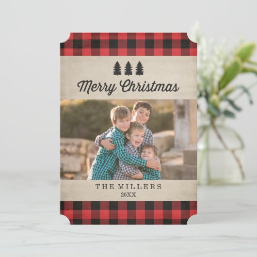 Rustikale Karierte Weihnachtsfotokarte Feiertagskarte (Stehend Vorderseite)