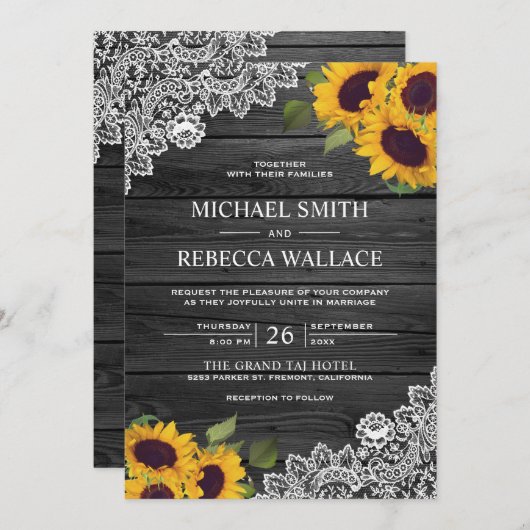 Rustikale Karkohle, graue Holzspitze Sonnenblumenh Einladung (Vorne/Hinten)