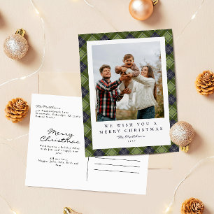 Rustikale Karo-Familienfoto-Weihnachten Feiertagspostkarte