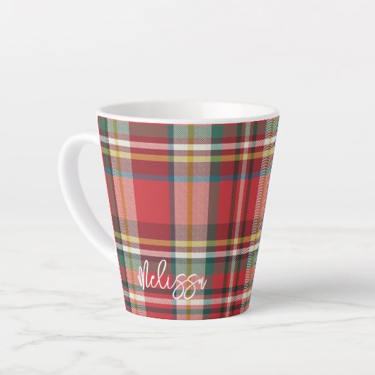 Rustikale Karo Personalized Script Weihnachten Milchtasse (Linke Ecke)