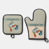 Rustikale Karo Rooster Name | Monogramm Ofenhandschuh & Topflappen-Set (Vorderseite)