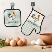 Rustikale Karo Rooster Name | Monogramm Ofenhandschuh & Topflappen-Set