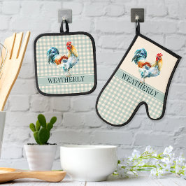 Rustikale Karo Rooster Name | Monogramm Ofenhandschuh & Topflappen-Set