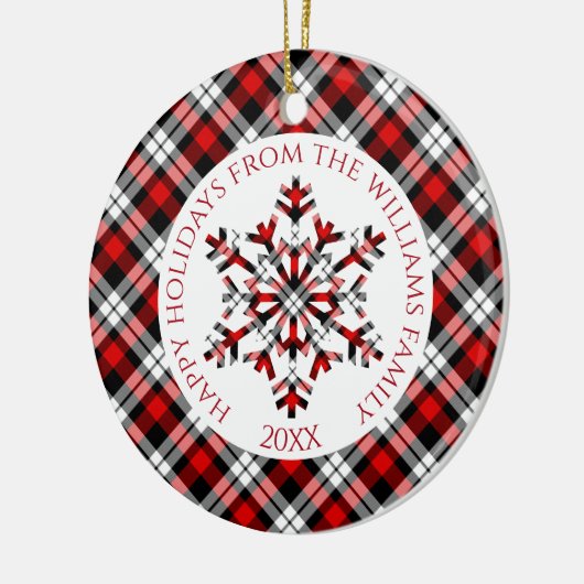 Rustikale Karo Roter Schwarzer Tartan Schneeflocke Keramik Ornament (Links)