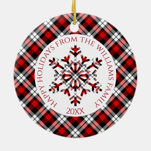 Rustikale Karo Roter Schwarzer Tartan Schneeflocke Keramik Ornament (Hinten)