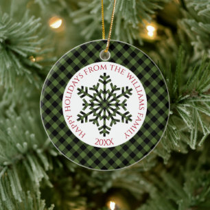 Rustikale Karos aus grünem Tartan Schneeflocken Keramik Ornament
