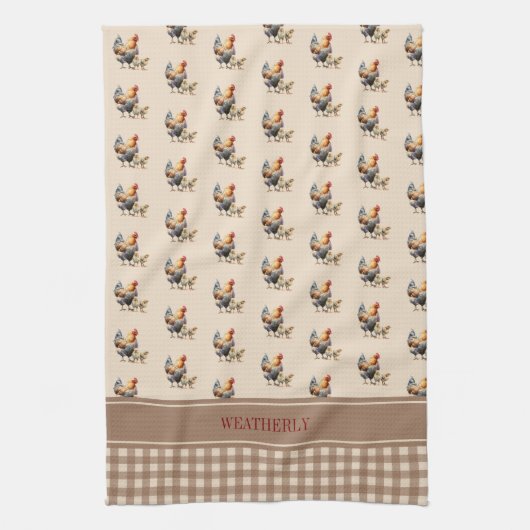 Rustikale Karos Hühnermonogramm | Name Geschirrtuch (Vertikal)