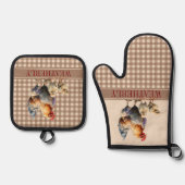 Rustikale Karos Hühnermonogramm | Name Ofenhandschuh & Topflappen-Set (Vorderseite)