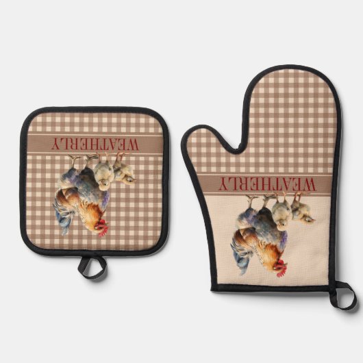 Rustikale Karos Hühnermonogramm | Name Ofenhandschuh & Topflappen-Set (Vorderseite)