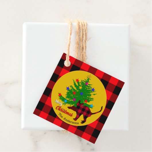 Rustikale Katze, Weihnachtsbaum, Familienname, Rot Geschenkanhänger (Beispiel)