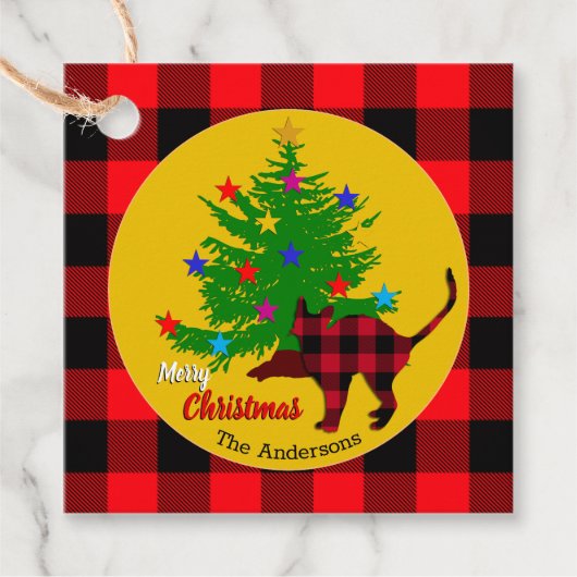 Rustikale Katze, Weihnachtsbaum, Familienname, Rot Geschenkanhänger (Vorderseite)