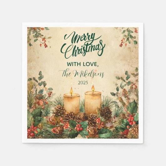 Rustikale Kerze Pinecone Weihnachten Serviette (Vorderseite)