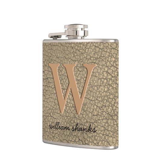 Rustikale khaki Imitate Leder Monogramm Name Chef Flachmann (Links)