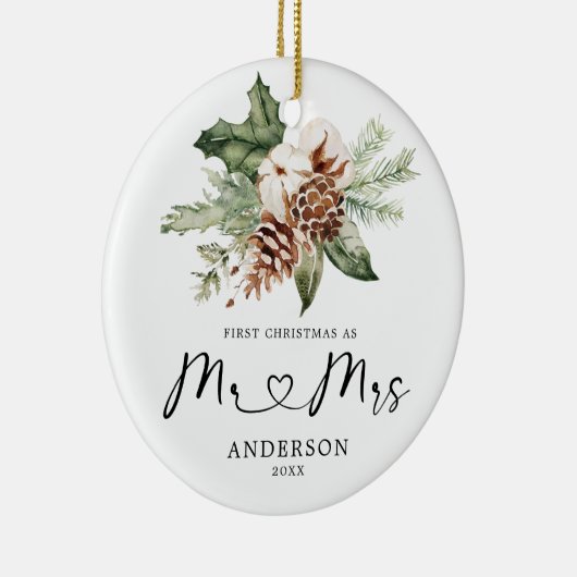 Rustikale Kiefer Erste Weihnachtszeit Mr. & Mrs. G Keramik Ornament (Rechts)