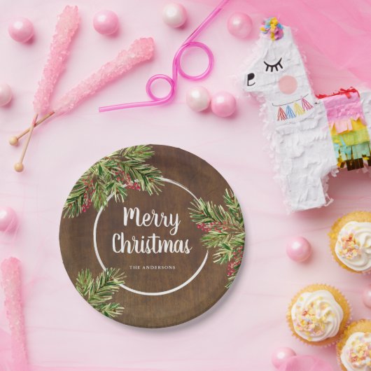 Rustikale Kiefern und Berry Wasserfarbe Weihnachte Pappteller (Party)
