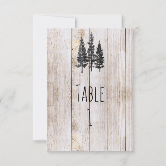 Rustikale Kiefernbäume Holz Hochzeit Tisch Nummer Einladung (Rückseite)
