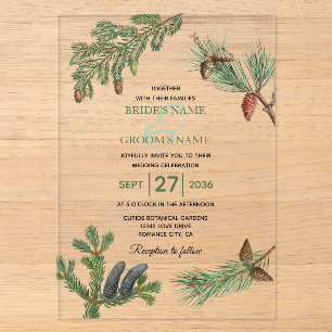 Rustikale Kiefernwaldbegrünung Hochzeit Acryleinladungen