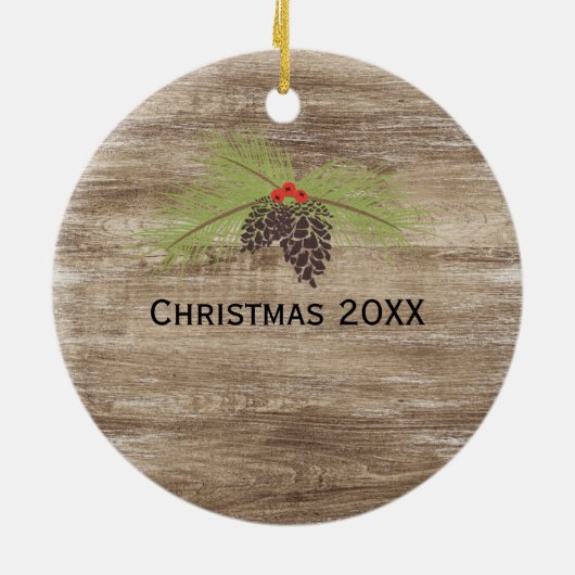 Rustikale Kiefernzweig & Berries Holzkorn Keramik Ornament (Hinten)