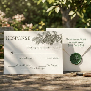 Rustikale Kiefernzweig-Grün-Hochzeit RSVP-Antwort Postkarte