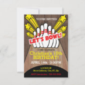 Rustikale Kinder Bowling Geburtstag mit Buttonen Einladung (Vorderseite)