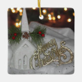 Rustikale Kirchenleuchten Frohe Weihnachten James Keramikornament (Vorderseite)