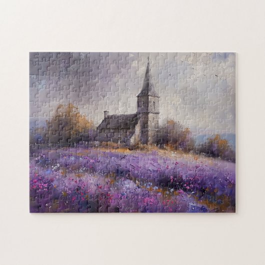 Rustikale Kirchenmalerei und Lila Wildblume Puzzle (Horizontal)